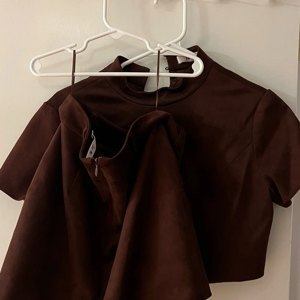 JW PEI | Grace Faux Suede Crop Top and Mini Skirt Set - Chocolate Brown - Picture 2 of 7